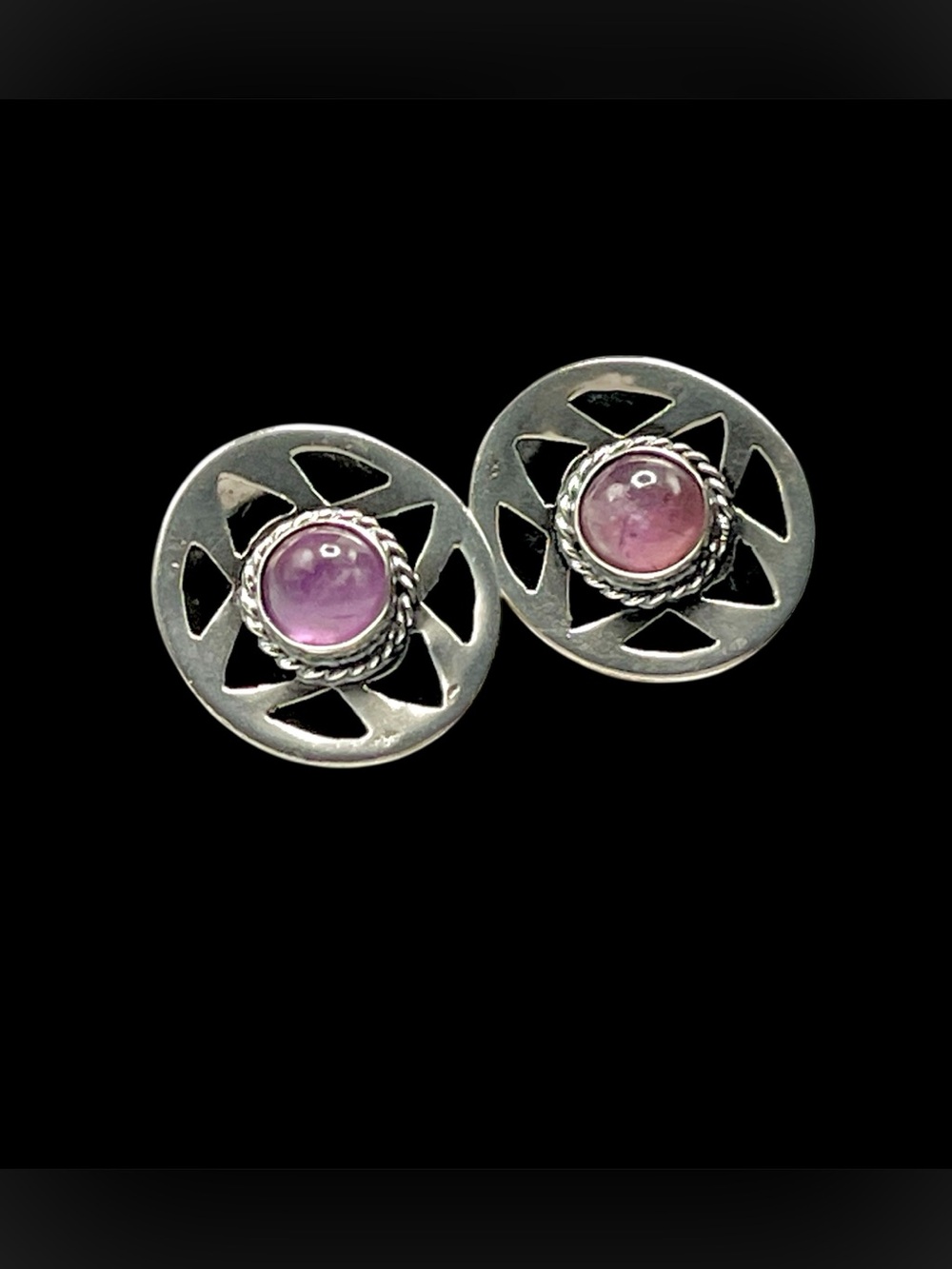 Vintage Mexico Sterling Silver Amethyst Shadow Box Earrings 1" MCM